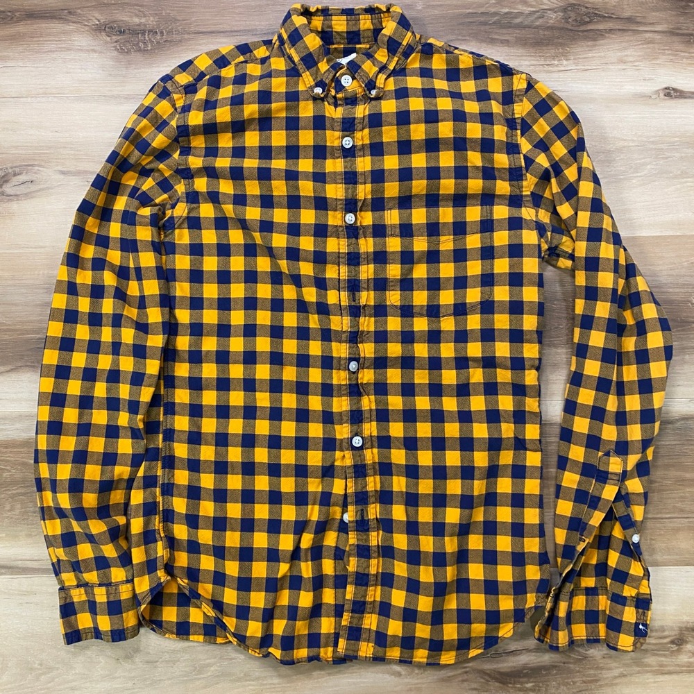 J.Crew Oxford Shirt Small Slim Buffalo Check Cotton Casual Navy Yellow OCBD